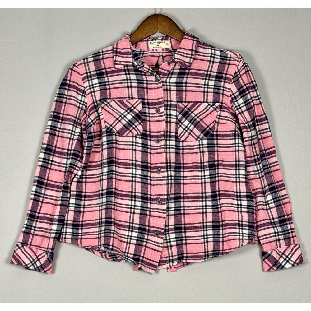 Ruff Hewn Flannel Shirt Womens PM Pink Plaid NWOT Textured Cotton Button Down